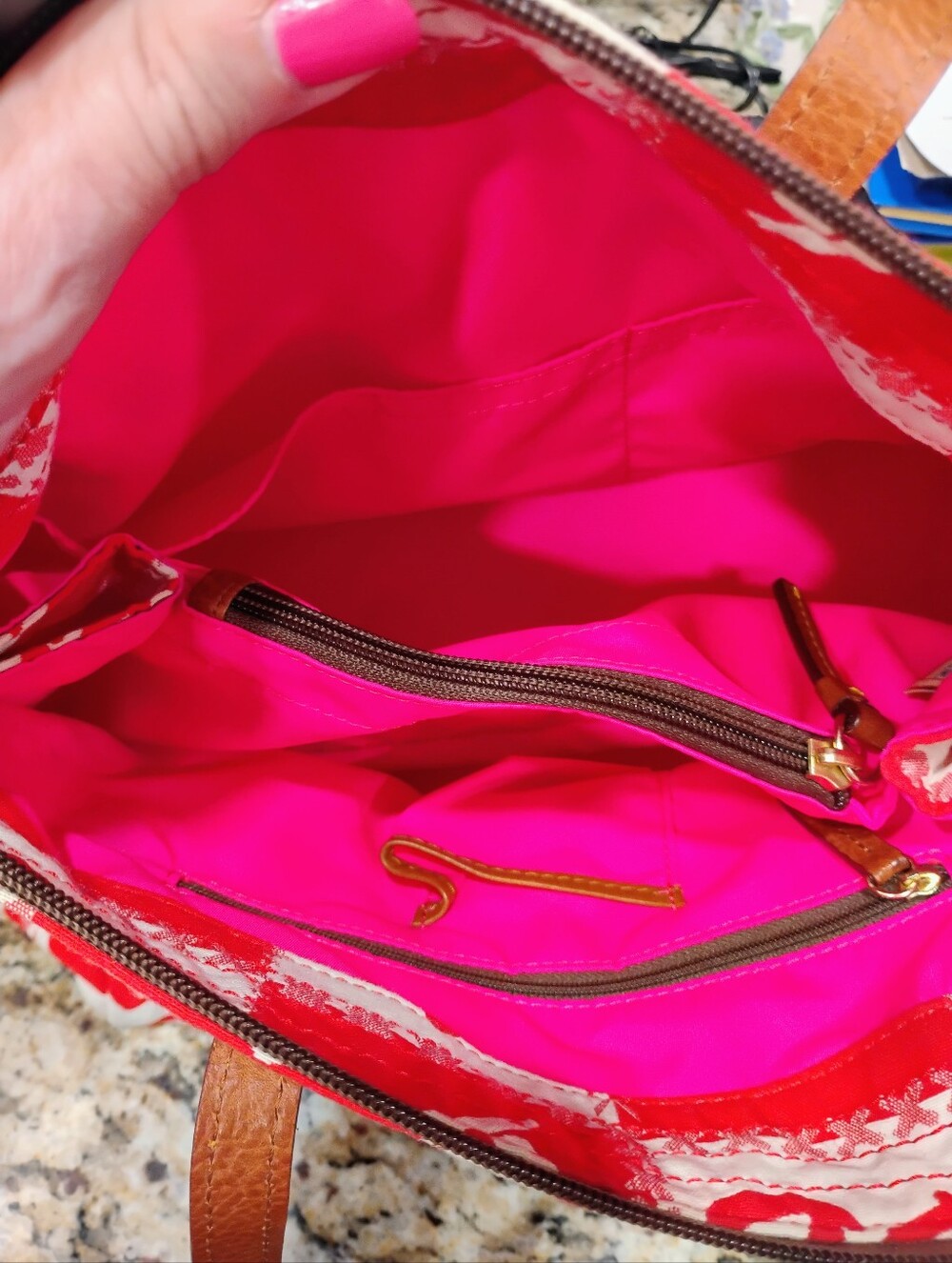 Dooney And Bourke Red & White Patterned Tote with Leather Handles. - Picture 5 of 5